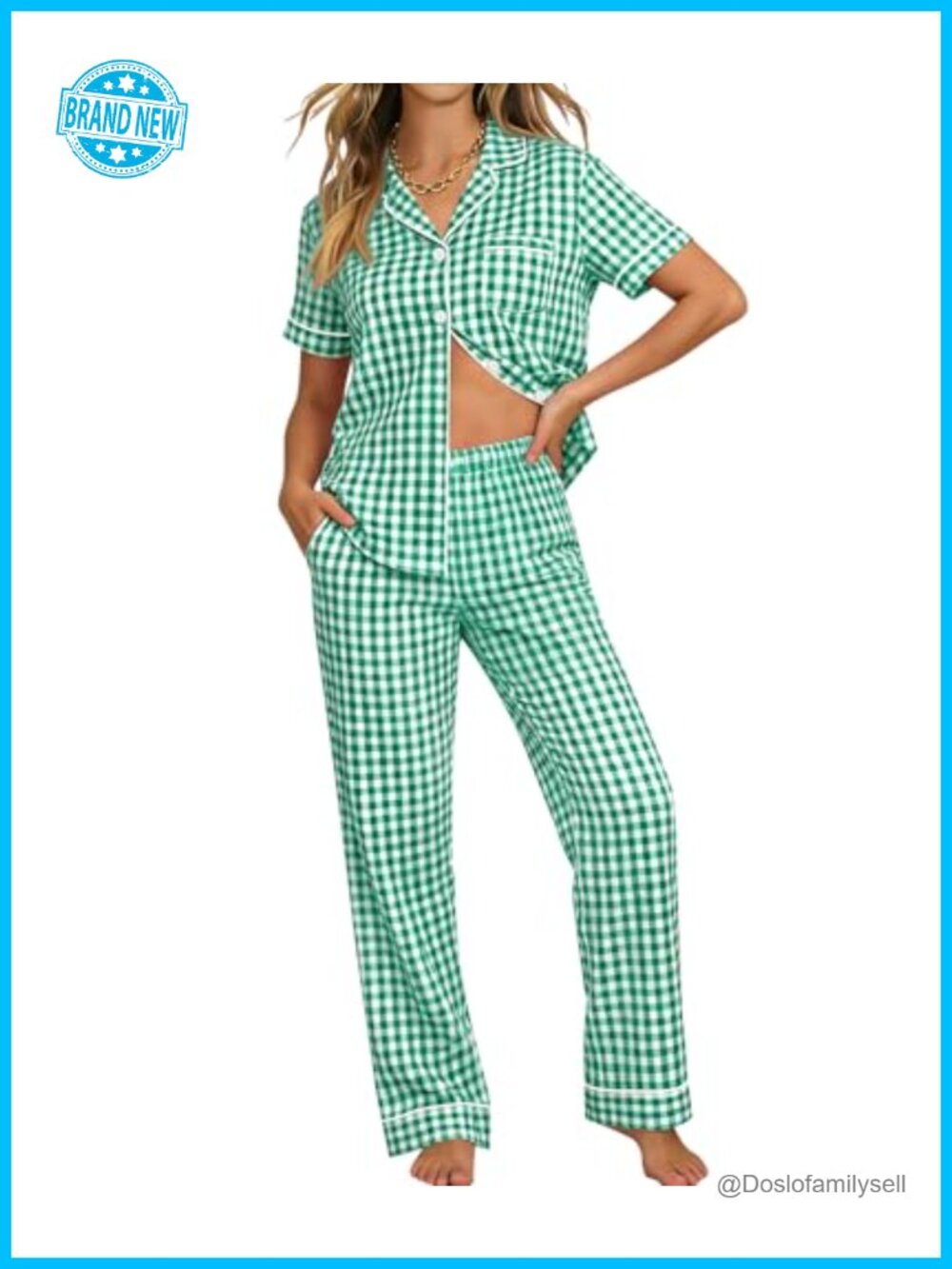 100% Cotton Pajama Set Short Sleeve Top Long Pants Pockets